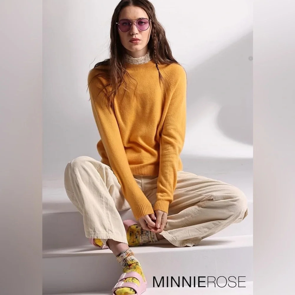 Minnie Rose Long Sleeve Shrunken Crew Cashmere Sweater Marigold 33805